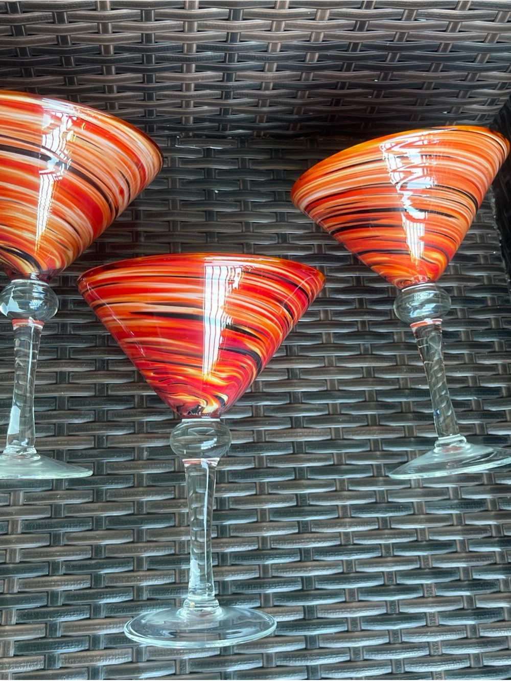 3 Pier 1 Hand Blown Red, Orange, Black Swirls Martini Margarita Glasses 7" Solid